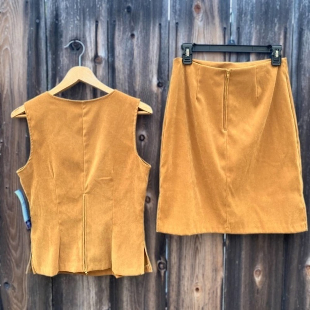 Vintage 90s Marigold Mustard Faux Suede Top & Pencil Skirt Set M - Picture 2 of 15